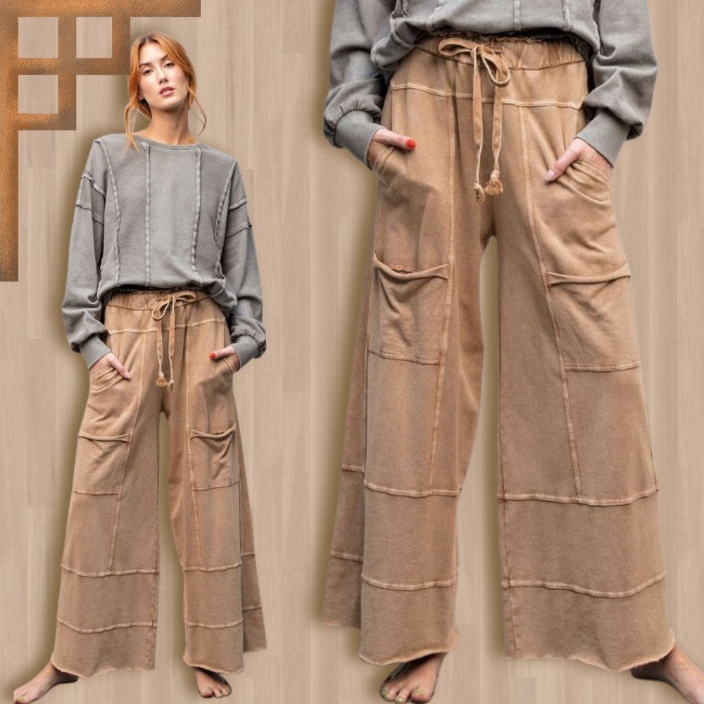 EASEL "Perfect Cargo" Terry Knit Mineral Washed Flared Leg Pants Raw Hem & Seams - Picture 2 of 15